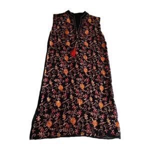 Handmade Women’s M Embroidered Floral Beaded Tassel Boho Cotton Midi Kurti Dress